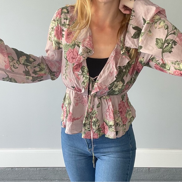 BCBGeneration Floral Print Pink Blouse Sheer w/ Tie - Picture 4 of 7